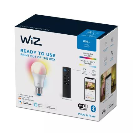 LED RGBW Himmennettävä polttimo A60 E27/8,5W/230V 2200-6500K  CRI 90 Wi-Fi + kauko-ohjaus - WiZ