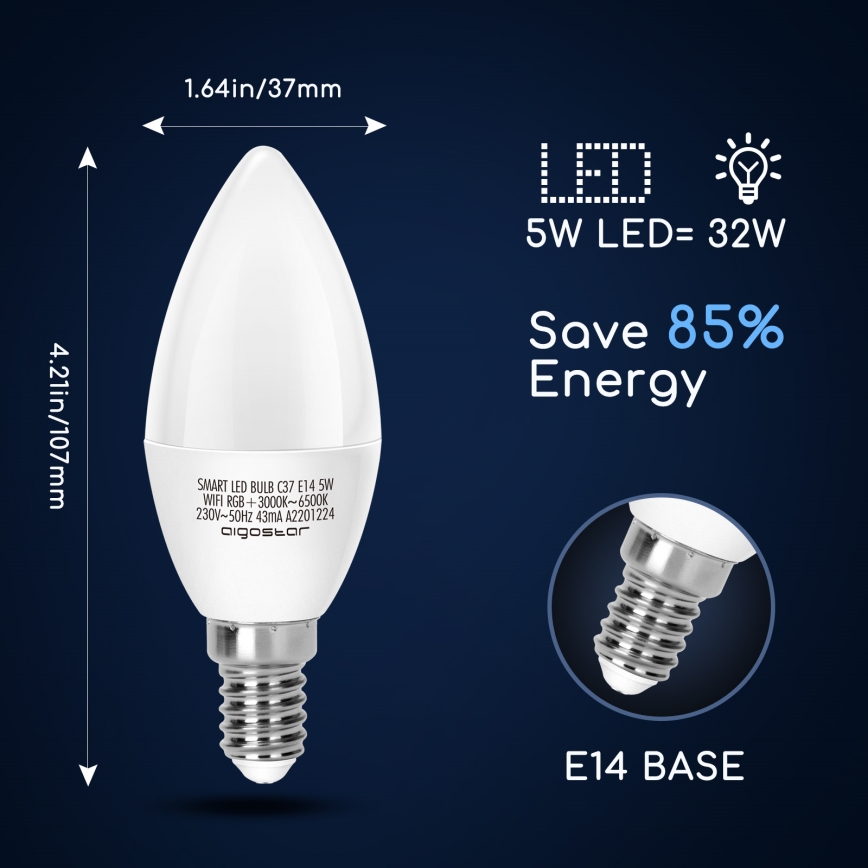 LED RGBW Himmennettävä polttimo C37 E14/5W/230V 3000-6500K Wi-Fi - Aigostar