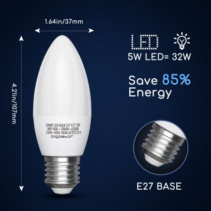 LED RGBW Himmennettävä polttimo C37 E27/5W/230V 3000-6500K Wi-Fi - Aigostar