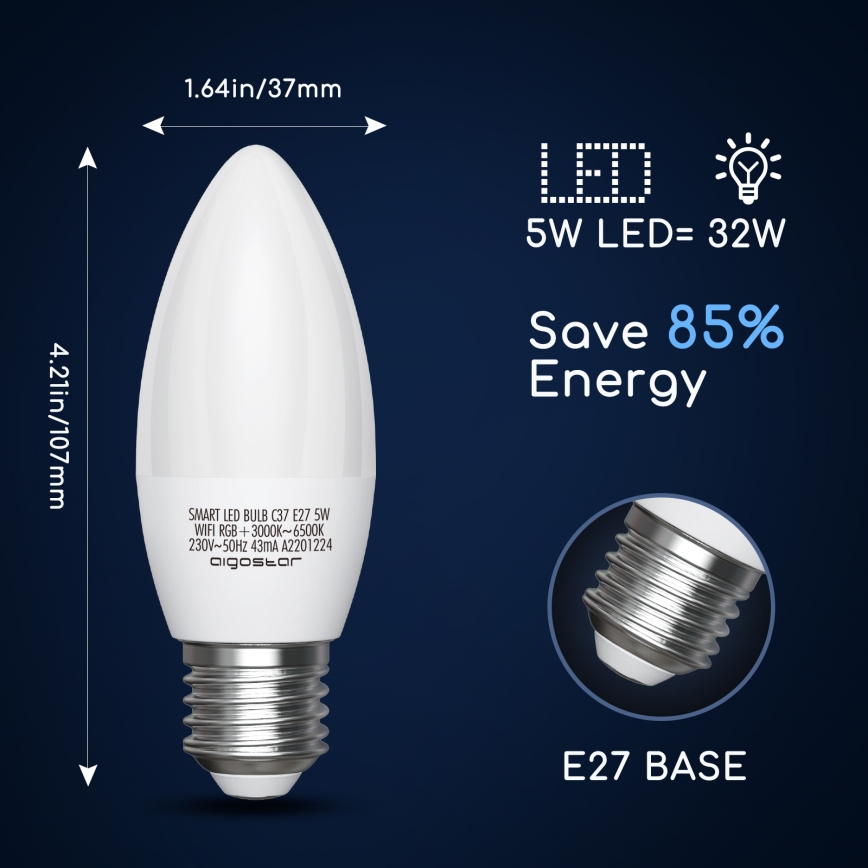 LED RGBW Himmennettävä polttimo C37 E27/5W/230V 3000-6500K Wi-Fi - Aigostar
