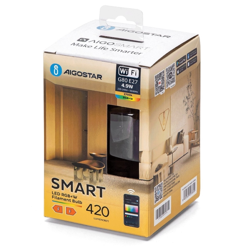 LED RGBW Himmennettävä polttimo FILAMENT G80 E27/4,9W/230V 2700K Wi-Fi - Aigostar