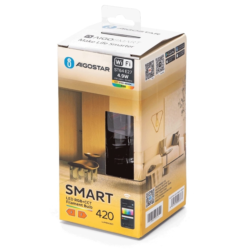 LED RGBW Himmennettävä polttimo FILAMENT ST64 E27/4,9W/230V 2700-6500K Wi-Fi - Aigostar