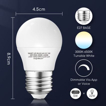 LED RGBW Himmennettävä polttimo G45 E27/5W/230V 3000-6500K Wi-Fi - Aigostar