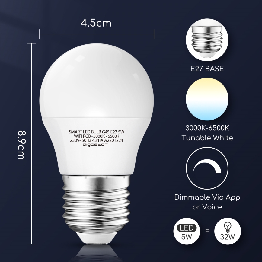 LED RGBW Himmennettävä polttimo G45 E27/5W/230V 3000-6500K Wi-Fi - Aigostar