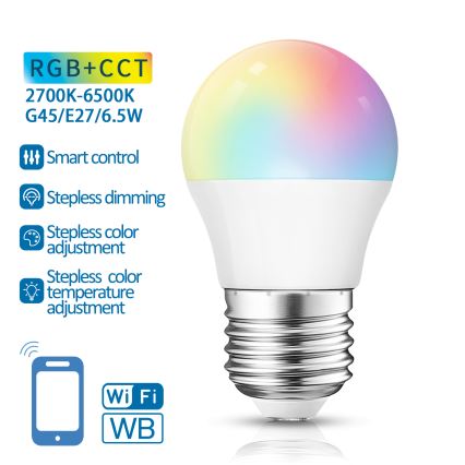 LED RGBW Himmennettävä polttimo G45 E27/6,5W/230V 2700-6500K Wi-Fi - Aigostar