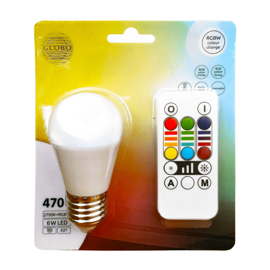 LED RGBW Himmennettävä polttimo E27/6W/230V 3000K + kauko-ohjaus - Globo