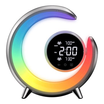 LED RGBW Himmennettävä pöytävalaisin herätyskellolla LED/20W/5V USB hopea