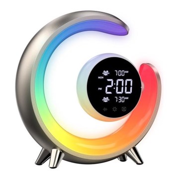 LED RGBW Himmennettävä pöytävalaisin herätyskellolla PEACOCK LED/20W/5V USB