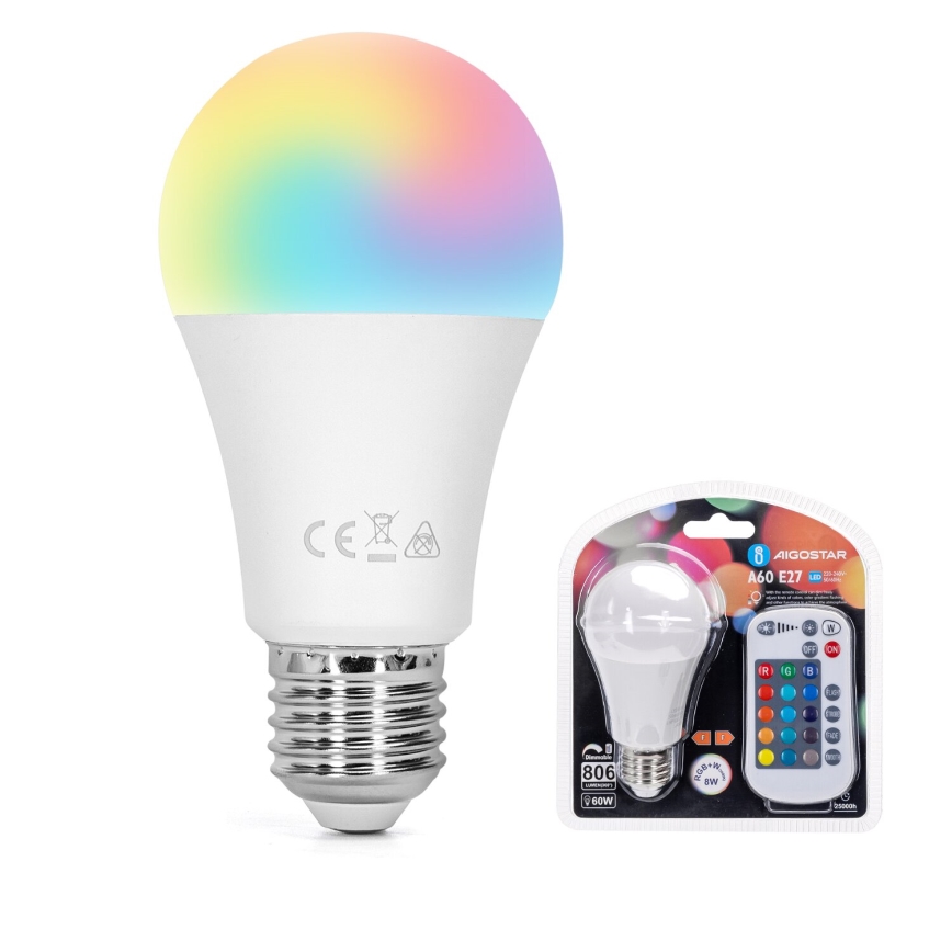 LED-RGBW-himmennyslamppu E27/8W/230V 3000K + kauko-ohjaus - Aigostar