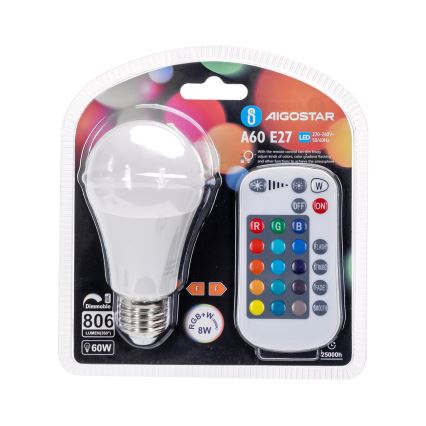 LED-RGBW-himmennyslamppu E27/8W/230V 3000K + kauko-ohjaus - Aigostar