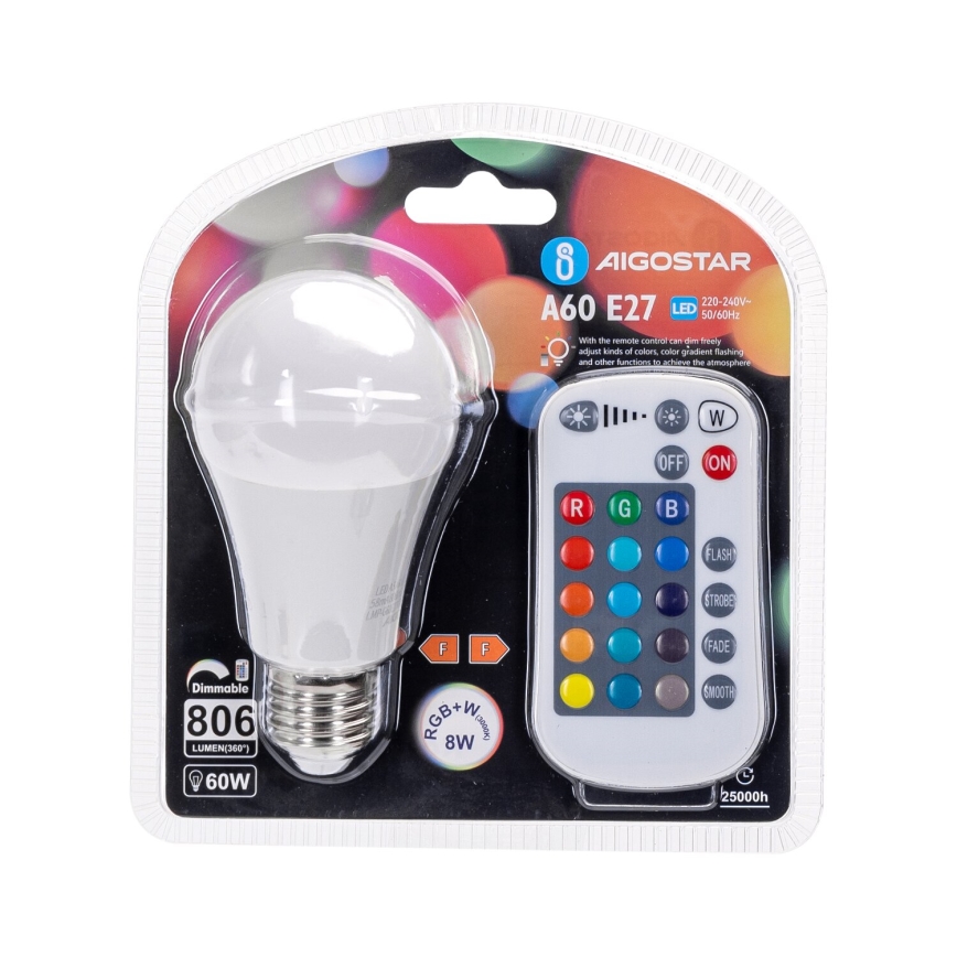 LED-RGBW-himmennyslamppu E27/8W/230V 3000K + kauko-ohjaus - Aigostar