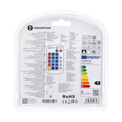 LED-RGBW-himmennyslamppu E27/8W/230V 3000K + kauko-ohjaus - Aigostar