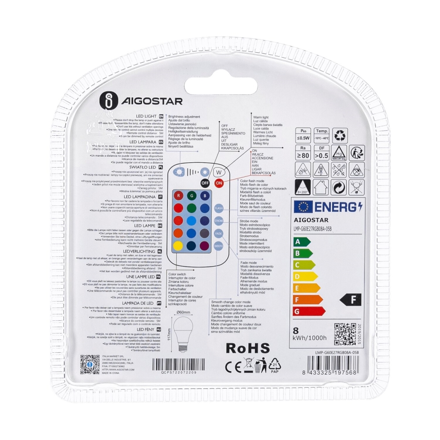 LED-RGBW-himmennyslamppu E27/8W/230V 3000K + kauko-ohjaus - Aigostar