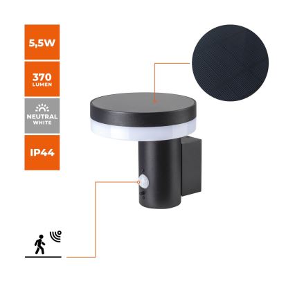 LED-seinäaurinkovalaisin anturilla SOLARIS3 LED/5,5W/3,7V 4000K IP44 2600 mAh