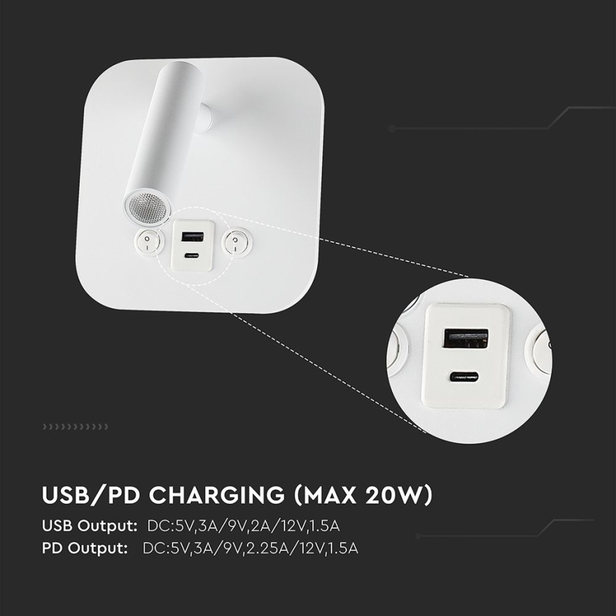 LED-seinäkohdevalaisin USB-portilla LED/8W/230V 3000K valkoinen