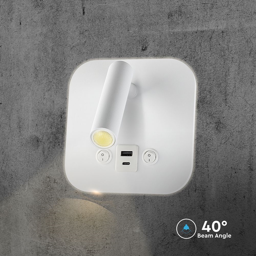 LED-seinäkohdevalaisin USB-portilla LED/8W/230V 3000K valkoinen