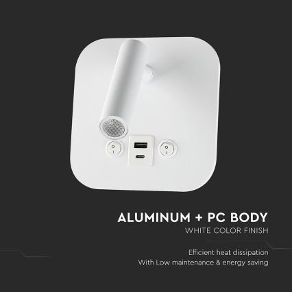 LED-seinäkohdevalaisin USB-portilla LED/8W/230V 3000K valkoinen