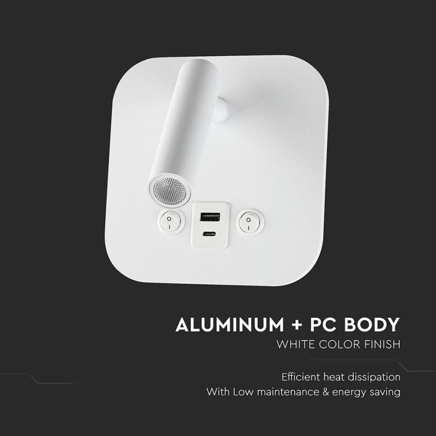 LED-seinäkohdevalaisin USB-portilla LED/8W/230V 3000K valkoinen