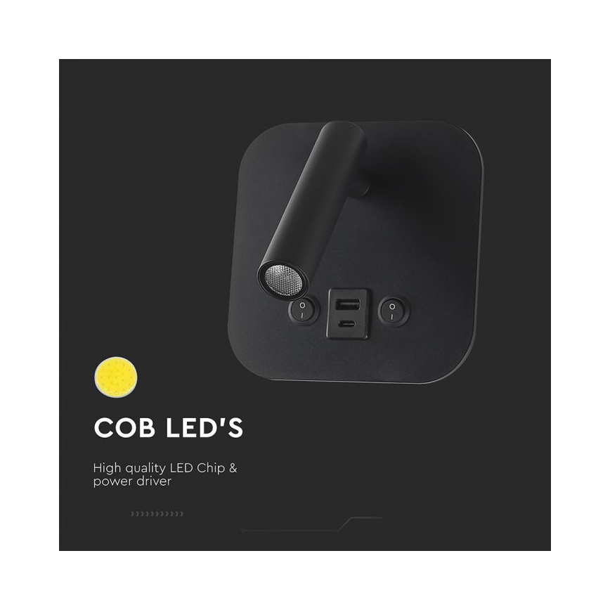 LED-seinäspotti USB-portilla LED/8W/230V 3000K musta
