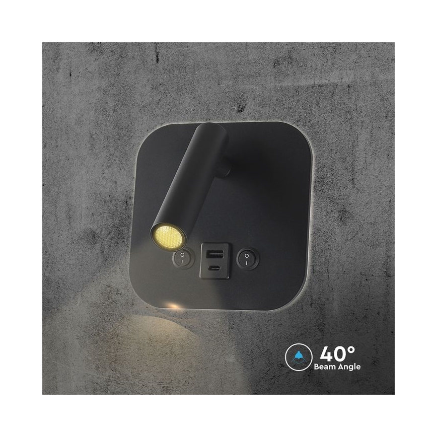 LED-seinäspotti USB-portilla LED/8W/230V 3000K musta