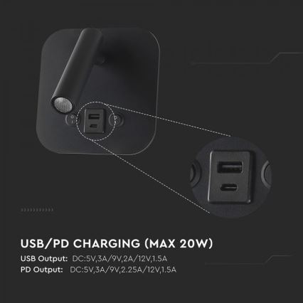 LED-seinäspotti USB-portilla LED/8W/230V 3000K musta