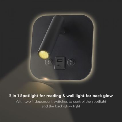 LED-seinäspotti USB-portilla LED/8W/230V 3000K musta