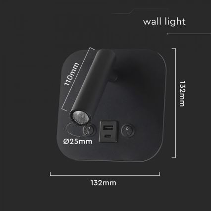 LED-seinäspotti USB-portilla LED/8W/230V 3000K musta