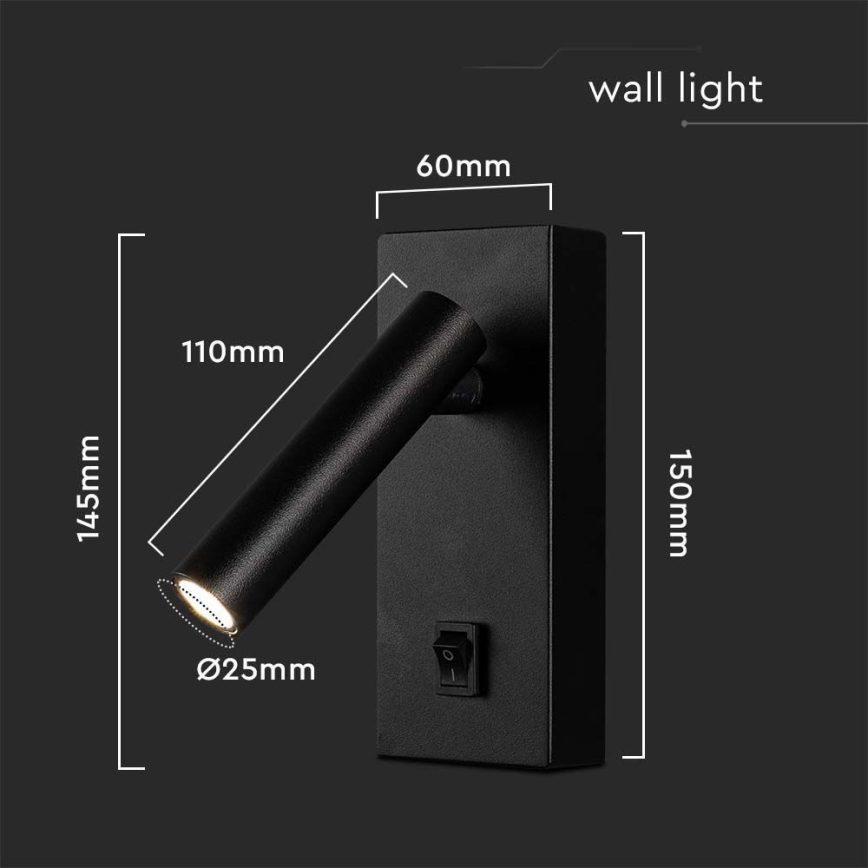 LED-seinävalaisin LED/2W/230V 4000K musta