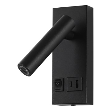 LED-seinävalaisin USB:n kanssa LED/2W/230V musta