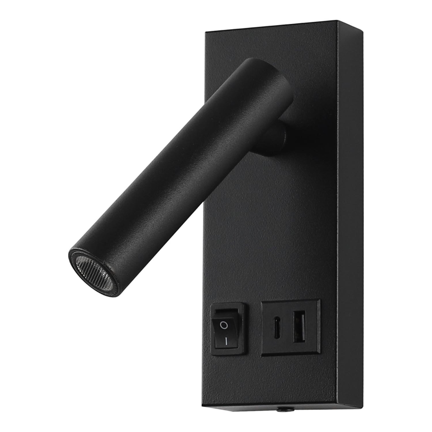 LED-seinävalaisin USB:n kanssa LED/2W/230V musta