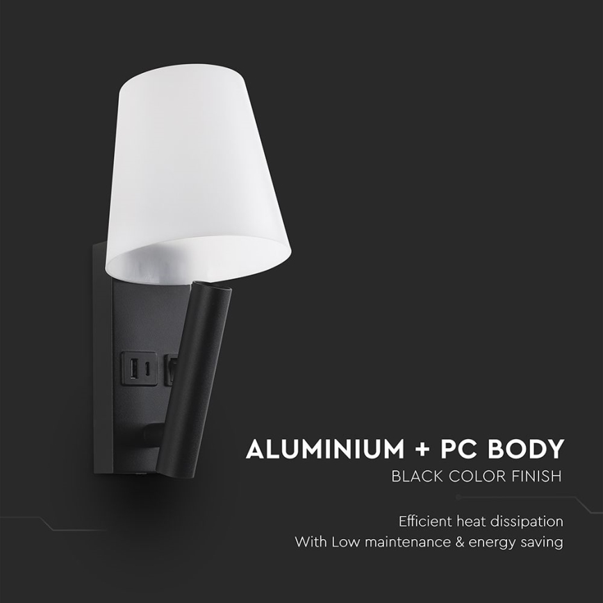 LED-seinävalaisin USB-portilla LED/2W/230V 3000K musta/valkoinen