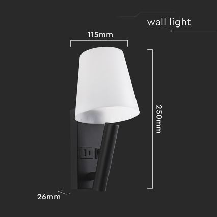 LED-seinävalaisin USB-portilla LED/2W/230V 3000K musta/valkoinen