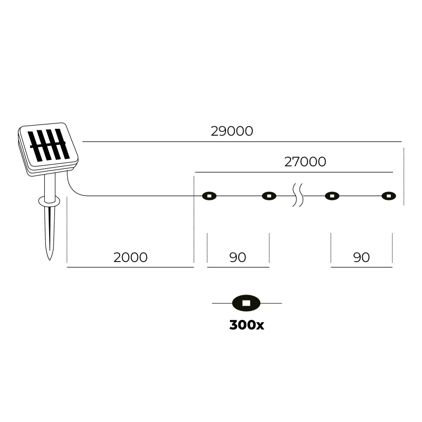 LED - Solar ketju 300xLED/0,12W/1,2V 1xAA 27 m IP44 3000K 800 mAh