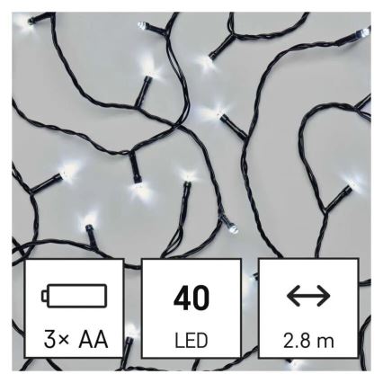LED-ulkojouluketju 40xLED/3xAA 3,3m IP44 kylmänvalkoinen
