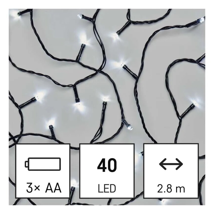 LED-ulkojouluketju 40xLED/3xAA 3,3m IP44 kylmänvalkoinen