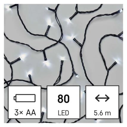 LED-ulkojouluketju 80xLED/3xAA 6,1m IP44 kylmänvalkoinen