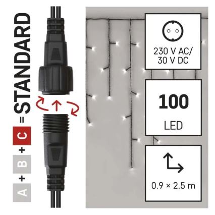 LED Ulkokäyttöön tarkoitettu joulukoristevalosarja 100xLED/2,5x0,9m IP44 kylmän valkoinen
