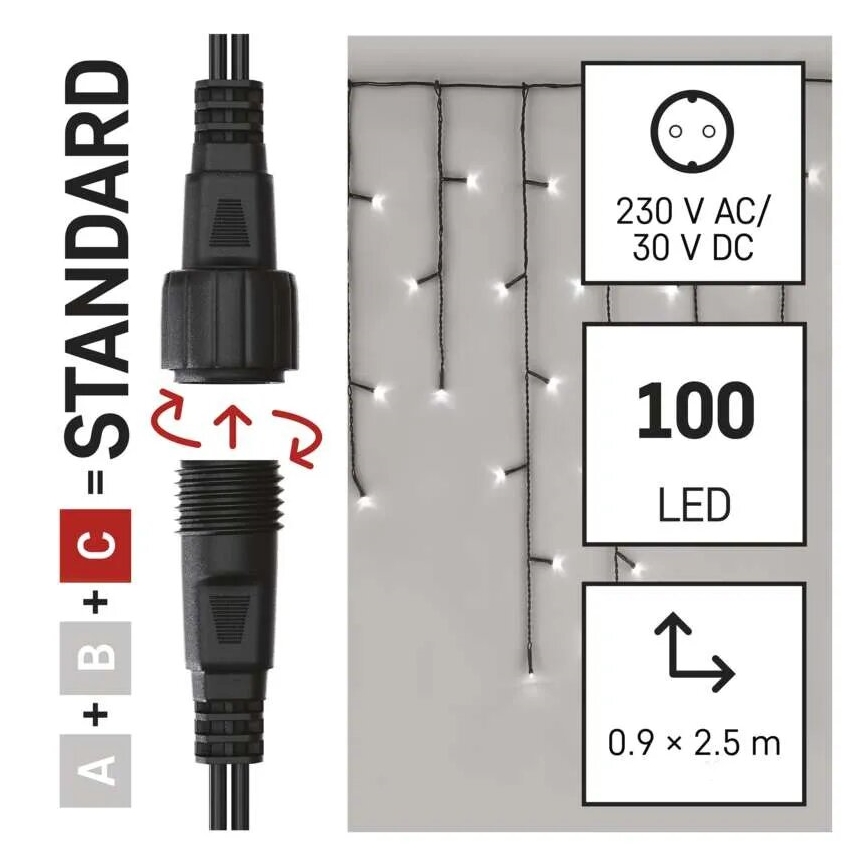 LED Ulkokäyttöön tarkoitettu joulukoristevalosarja 100xLED/2,5x0,9m IP44 kylmän valkoinen