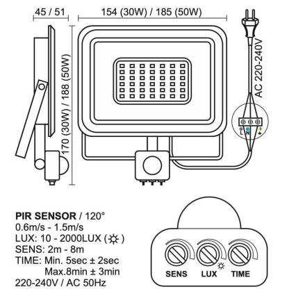 LED-ulkovalonheitin anturilla LED/50W/230V 4000K IP44 musta