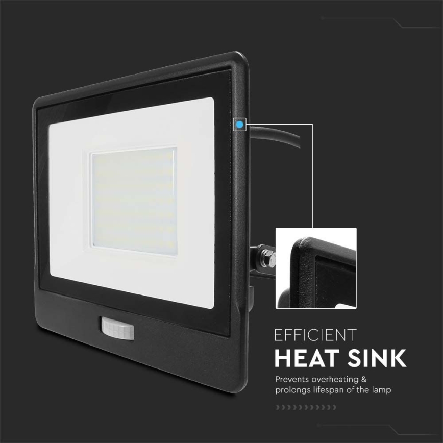 LED-valonheitin anturilla LED/50W/230V 6500K IP65 musta