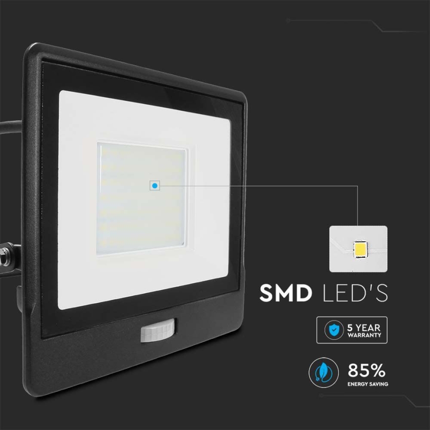 LED-valonheitin anturilla LED/50W/230V 6500K IP65 musta