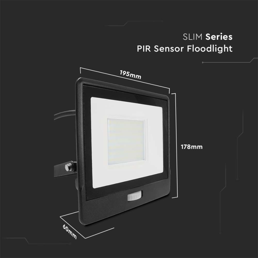 LED-valonheitin anturilla LED/50W/230V 6500K IP65 musta