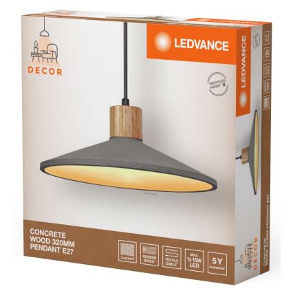 Ledvance - Kattokruunu johdossa DECOR CONCRETE 1xE27/15W/230V halkaisija 32 cm betoni harmaa