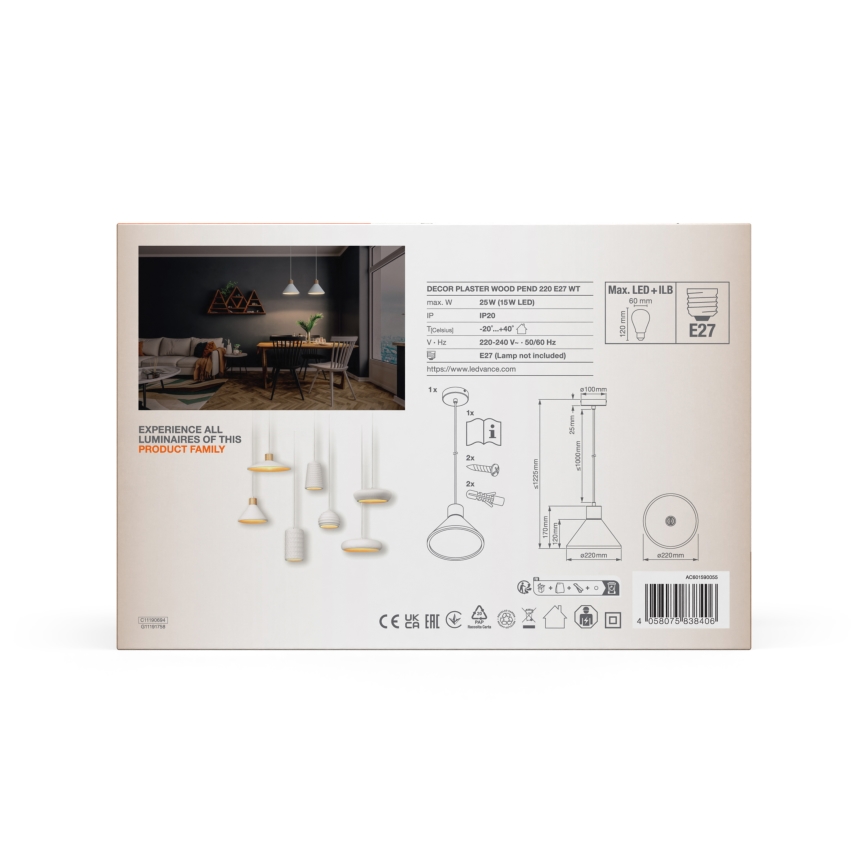 Ledvance - Kattokruunu johdossa DECOR PLASTER 1xE27/25W/230V halkaisija 22 cm muovit valkoinen