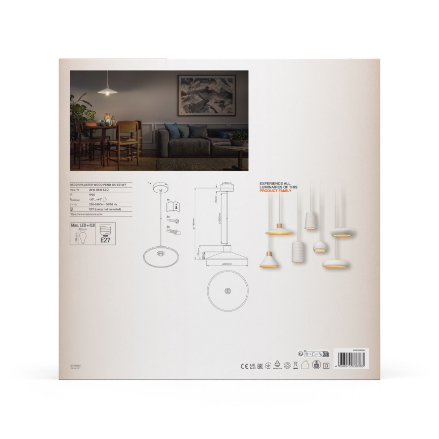 Ledvance - Kattokruunu johdossa DECOR PLASTER 1xE27/25W/230V halkaisija 32 cm muovit valkoinen