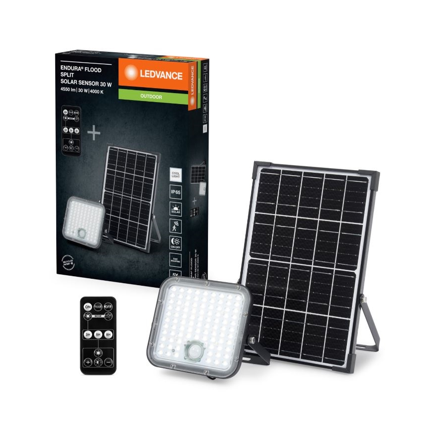 Ledvance - LED Himmennettävä aurinko valonheitin anturilla FLOOD SPLIT LED/30W/6,4V IP65 + kauko-ohjaus