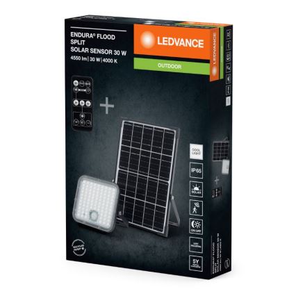 Ledvance - LED Himmennettävä aurinko valonheitin anturilla FLOOD SPLIT LED/30W/6,4V IP65 + kauko-ohjaus