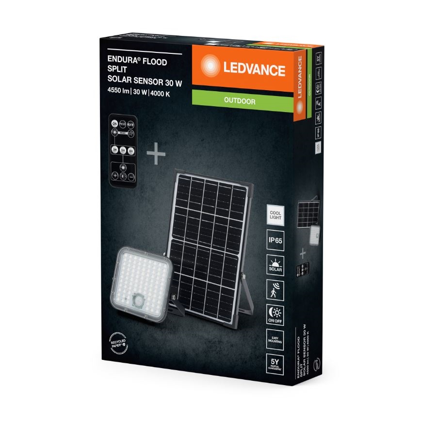 Ledvance - LED Himmennettävä aurinko valonheitin anturilla FLOOD SPLIT LED/30W/6,4V IP65 + kauko-ohjaus