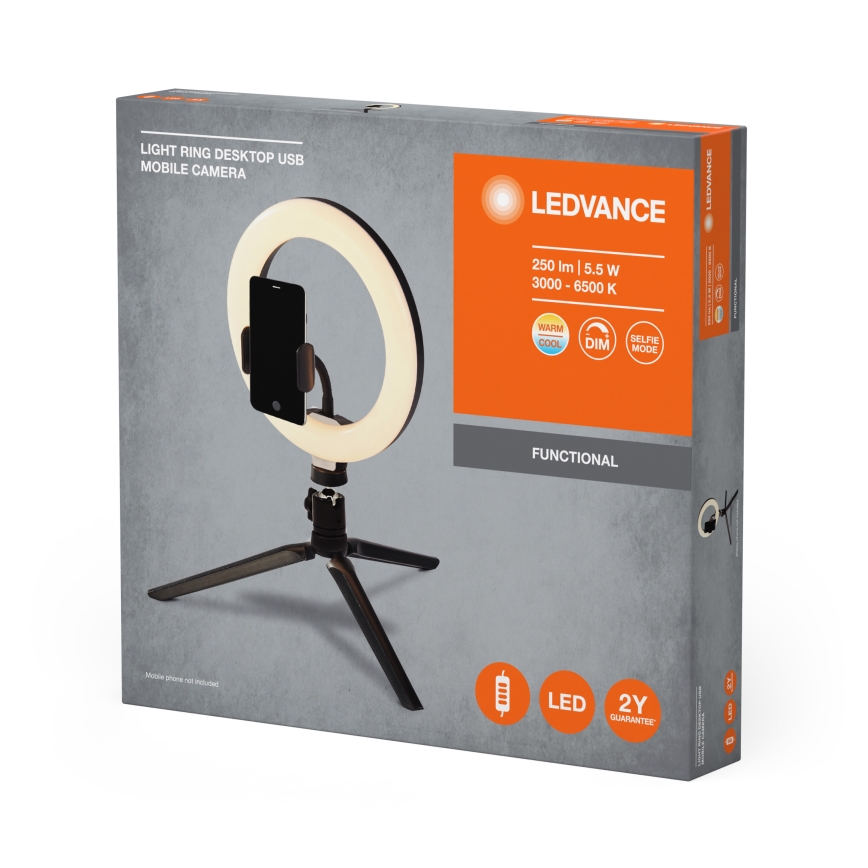 Ledvance - Himmennettävä LED-pöytävalaisin telineen kanssa ja pidike vloggaamiseen LED/5,5W/USB 3000/4000/6500K