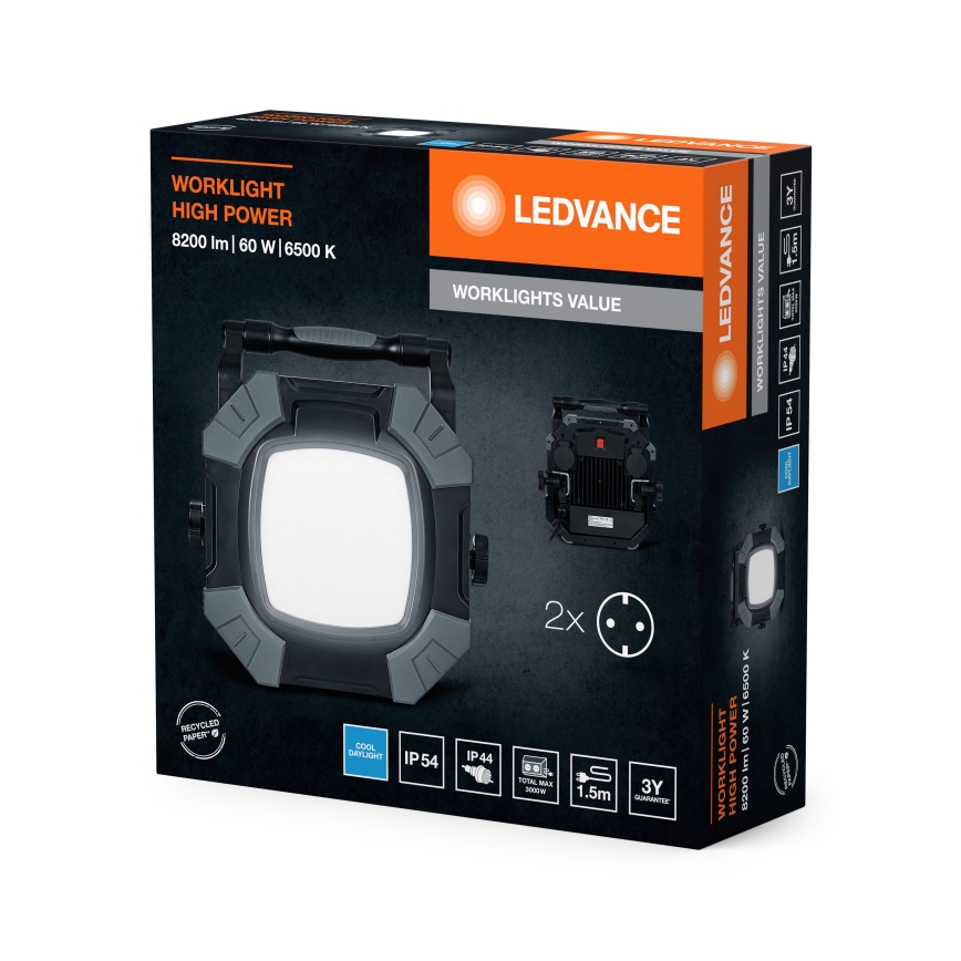 Ledvance - LED Himmennettävä työ kevyt kahdella pistokkeella WORKLIGHT VALUE LED/60W/230V IP54